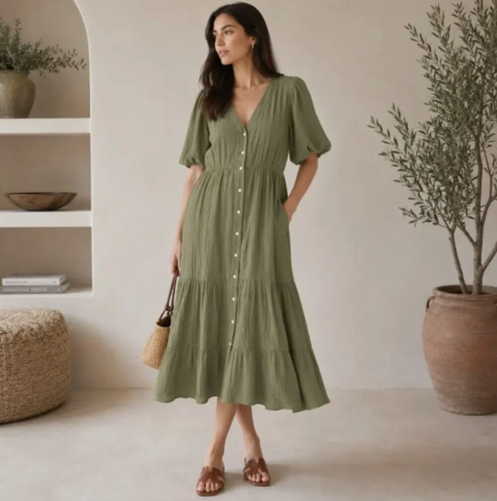 Olive Tiered Button-Front Midi Dress - Women
